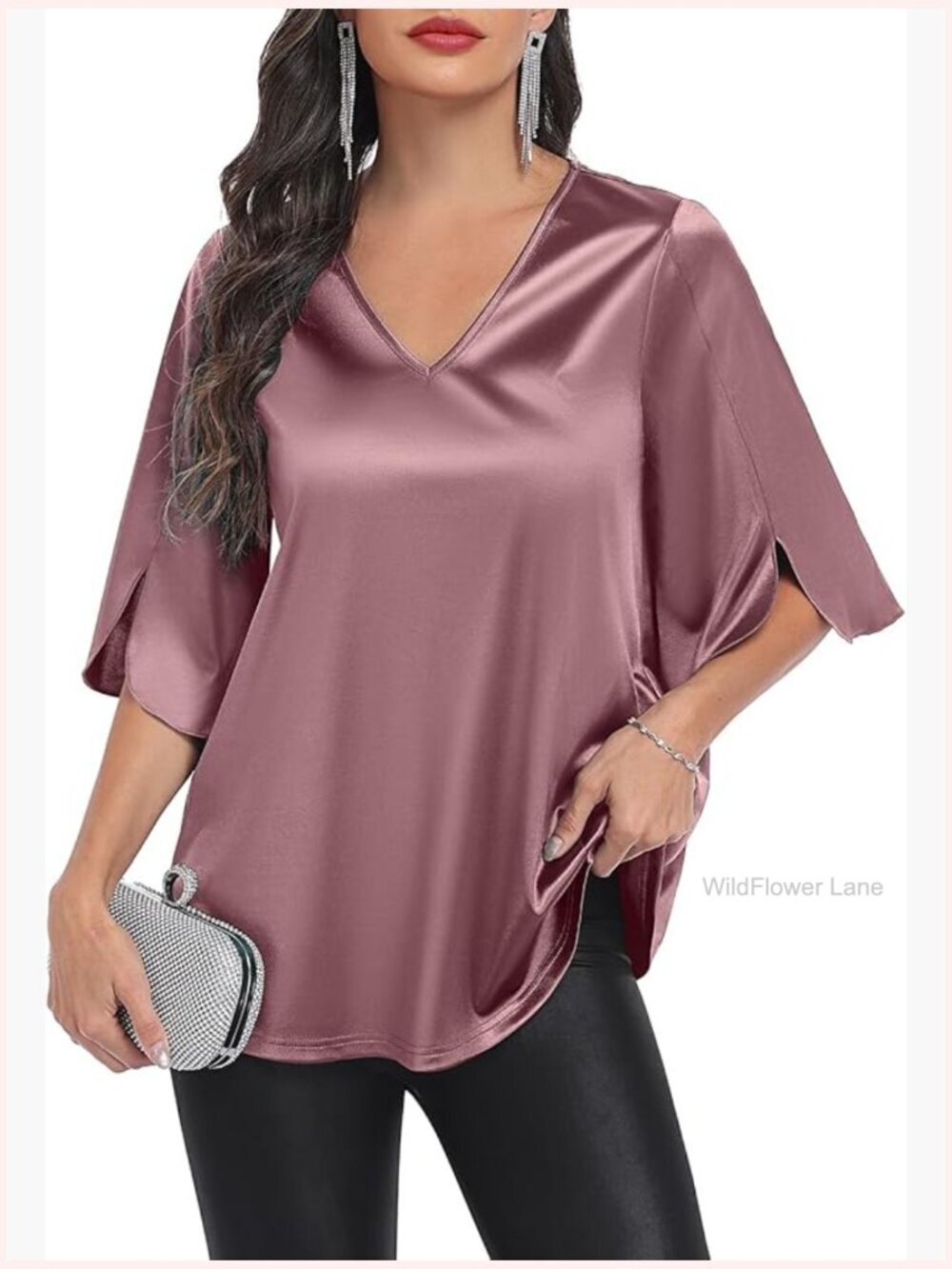 Elegant Stretch Satin Blouse V Neck 3/4 Sleeve Flowy A-Line Dressy Top for Work